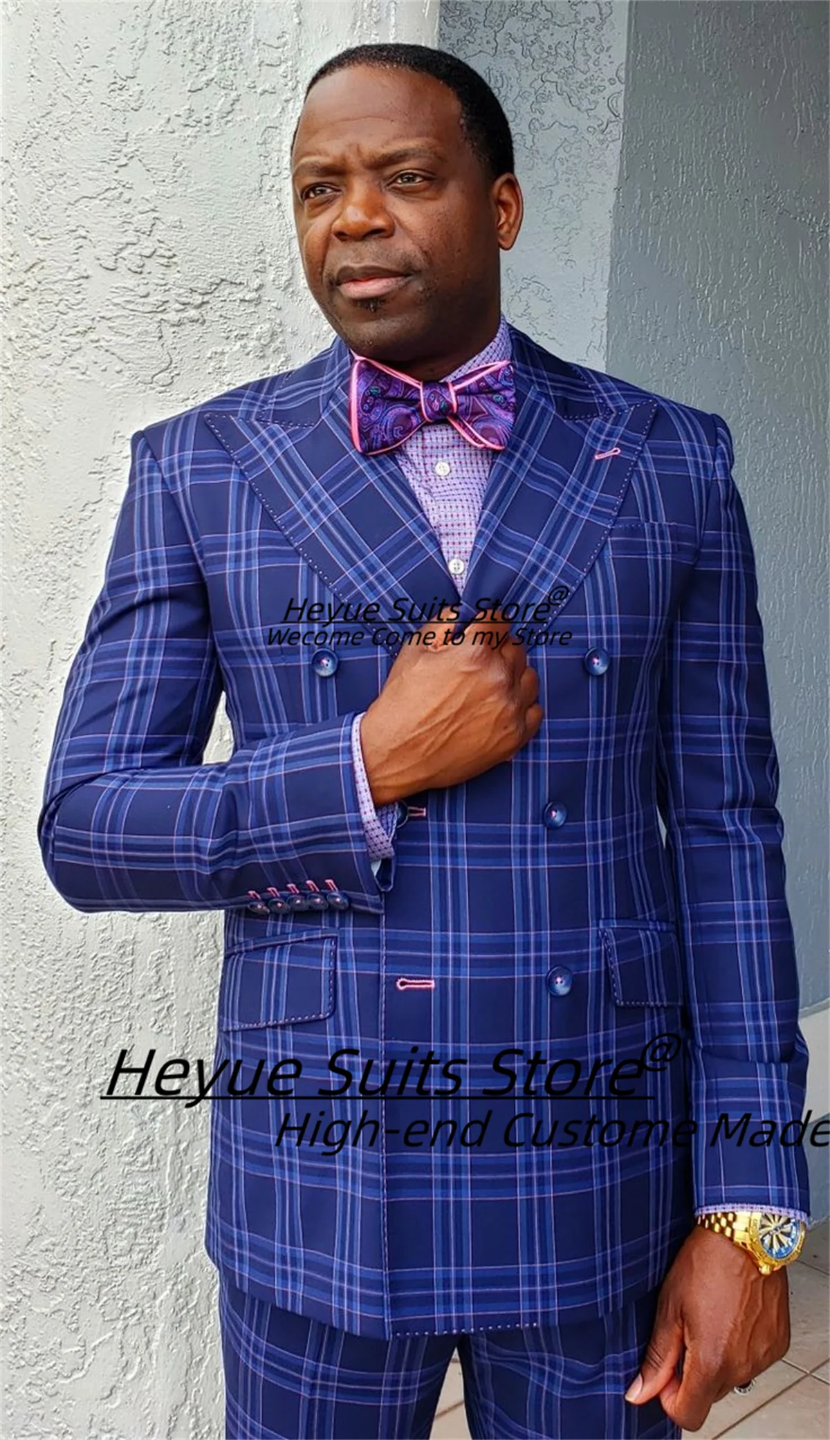 Customized Business Plaid Double Breasted Men Suits Slim Fit Peak Lapel Groom Tuxedos 2Pcs Sets Male Party Blazers Costume Homme