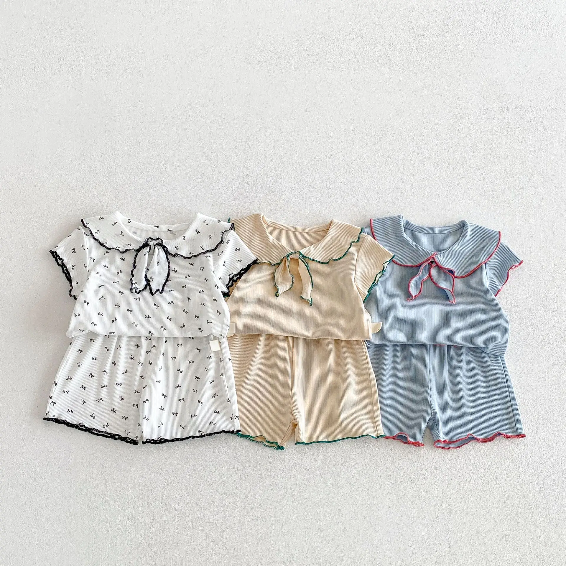 2026 Summer New Baby Short Sleeve Clothes Set Girls Sailor Collar T Shirts + Shorts 2pcs Suit Toddler Cotton Comfortable Outfits