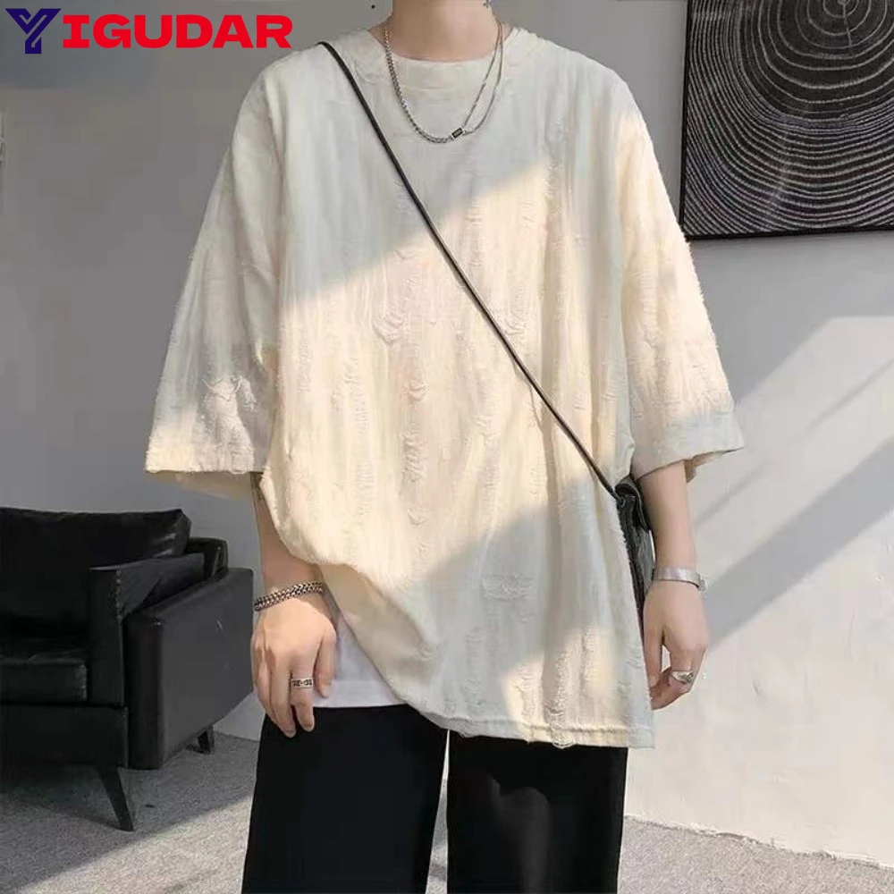 2024 new perforated pleated high street short sleeved T-shirt for mens summer hip-hop loose couple half sleeved fashion y2k tops