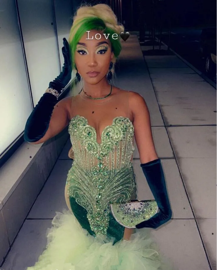 Fruit Green Trumept Long Prom Dress for Black Girl Luxury Diamond Crystal Celebrity Birthday Gown robe de soiree femmes