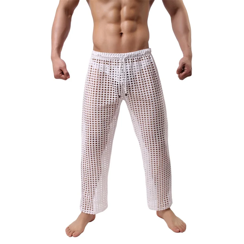 

Men's Mesh Fishnet Pants Solid Color See Through Stretchy Muscle Trousers Drawstring Stretchy Sleep Lounge Bottoms Sexy Pants