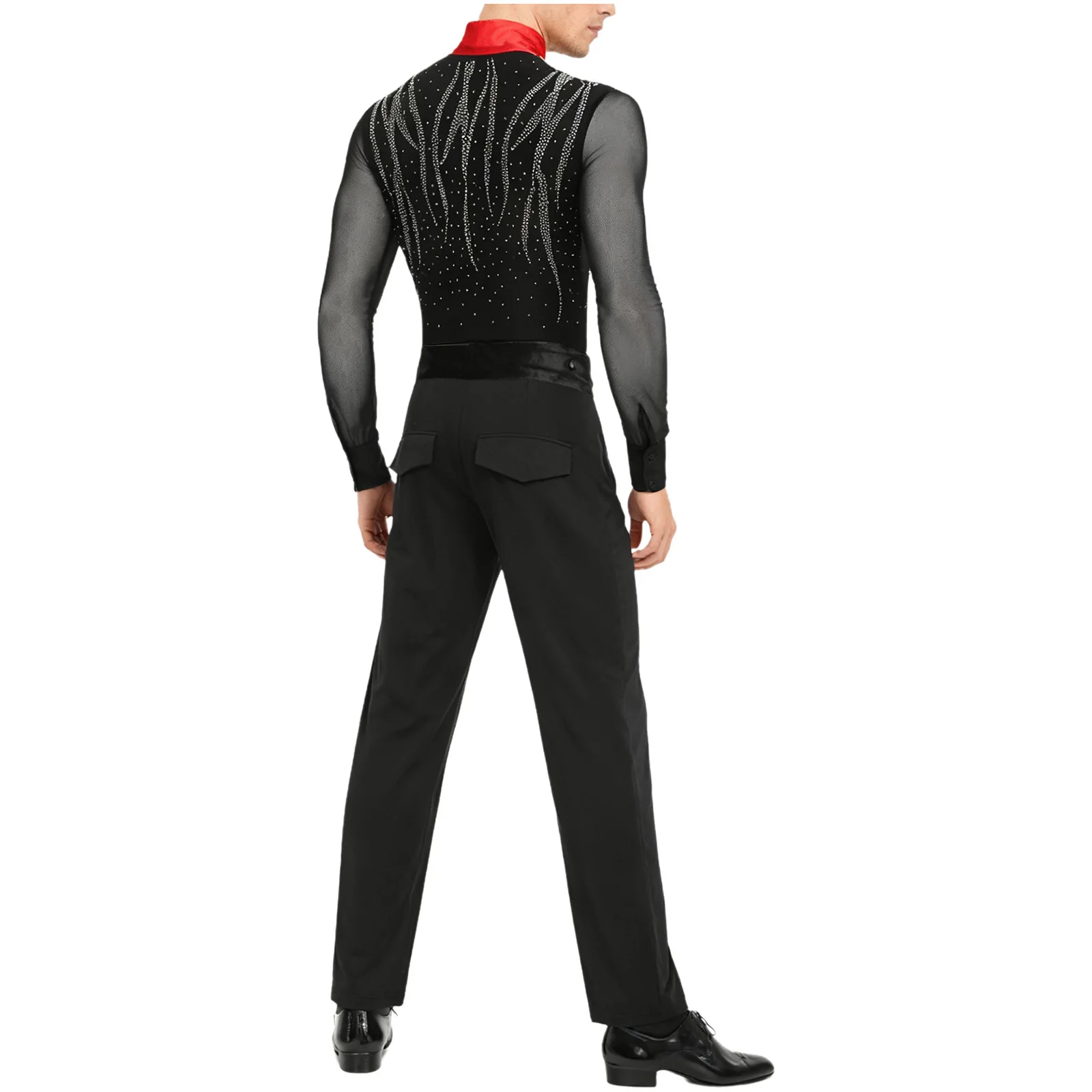 ملابس الرقص اللاتينية للرجال بأكمام طويلة لامعة مرصعة بأحجار الراين الشبكية بدلة وسراويل للتزلج على الجليد ملابس رقص باليه تشاتشا #5