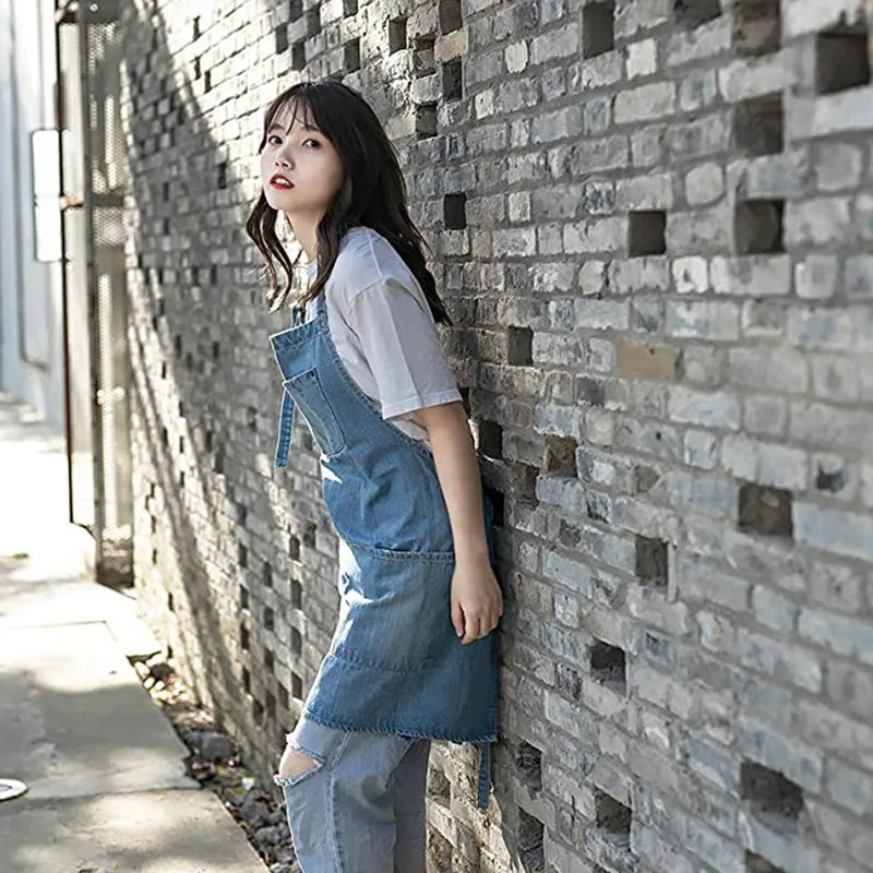 Japanese Washed Cotton Denim Aprons, Enlarged Coffee Shop Milk Tea Shop Gardening Workwear,Fashionable Apron Kitchen Accessories view 5