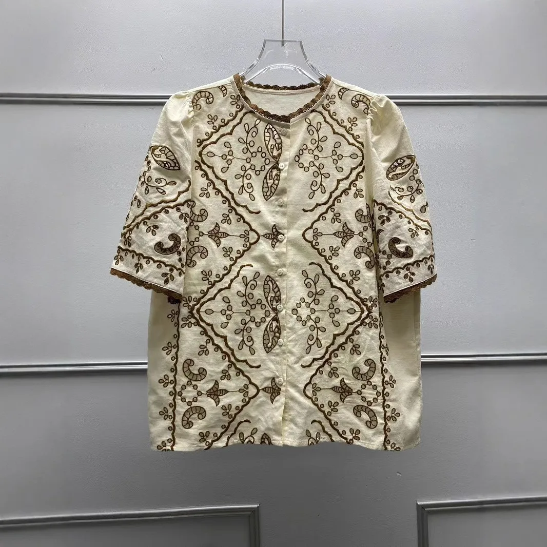 2025 Sezanes Fashion T-shirt Short Sleeve Top New Vintage Embroidery Floral Round Neck Lace Loose Hollow Out Shirt