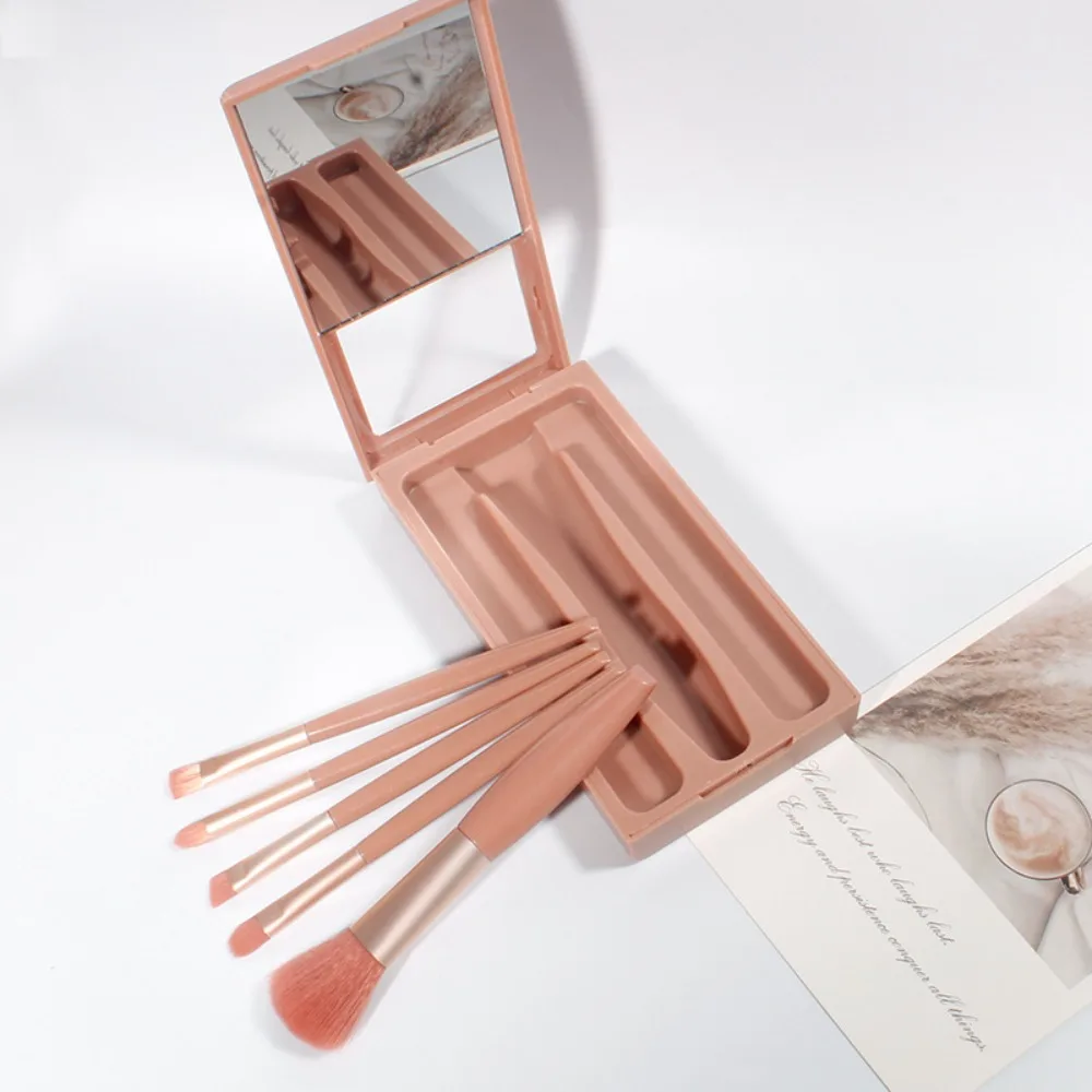 5Pcs High Quality Portable Makeup Brush Set Mini with Mirror Travel Case Multifunctional Cosmetic Kit Outdoor