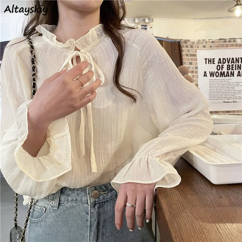 Blouses Women Korean Style Loose Chiffon Stuudents Fashion Butterfly Sleeve Edible Tree Fungus V-neck Sweet Cute Solid All-match