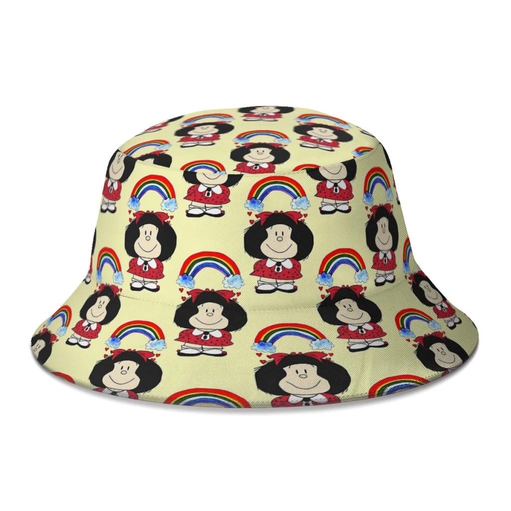 Mafalda Miguelito Comic Rainbow Fisherman Hat Shade Bucket Hats Hip Hop Women Men Camping Hiking Accessories