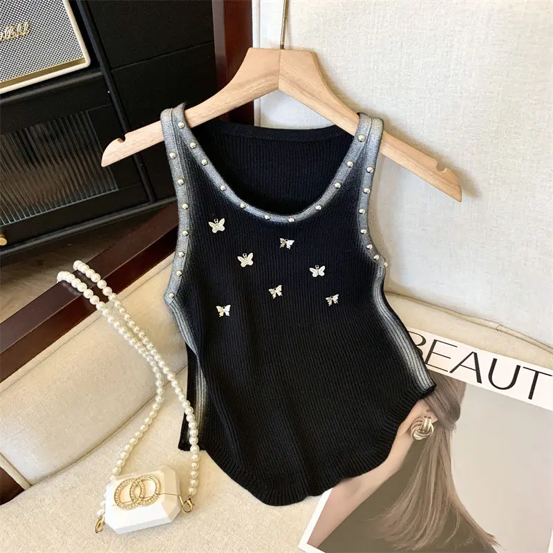 2024 New Summer Fashion PatchworkO-neck canotta senza maniche Femme Trend Bright Line Decoration Slim Knitting Tanks Top da donna