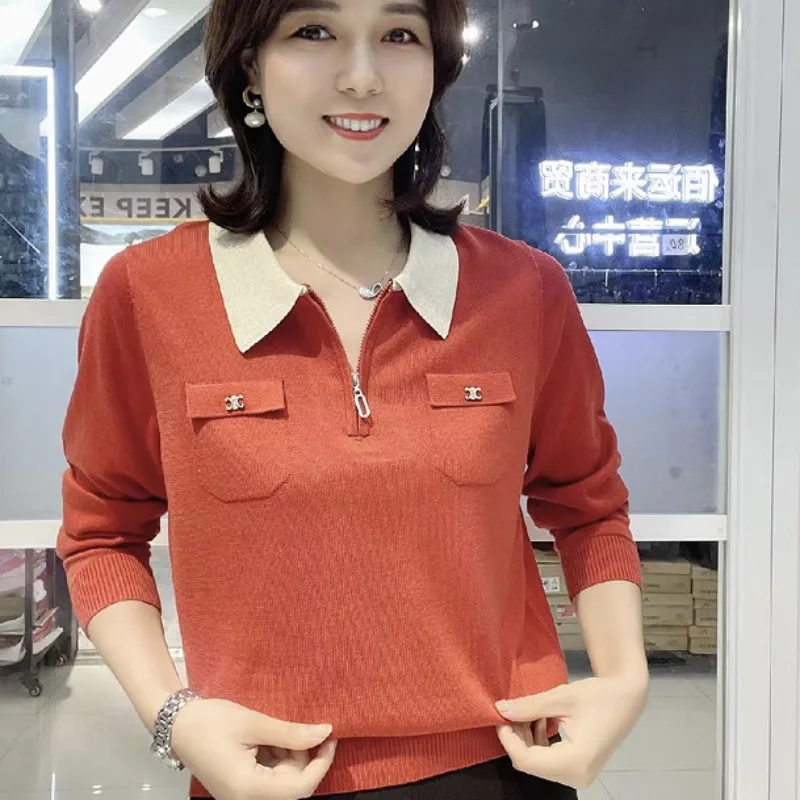 Lapel Temperament Women's Knitted Long-sleeved T-shirt for Women's Fashionable Age-reducing Base Top JJJ174