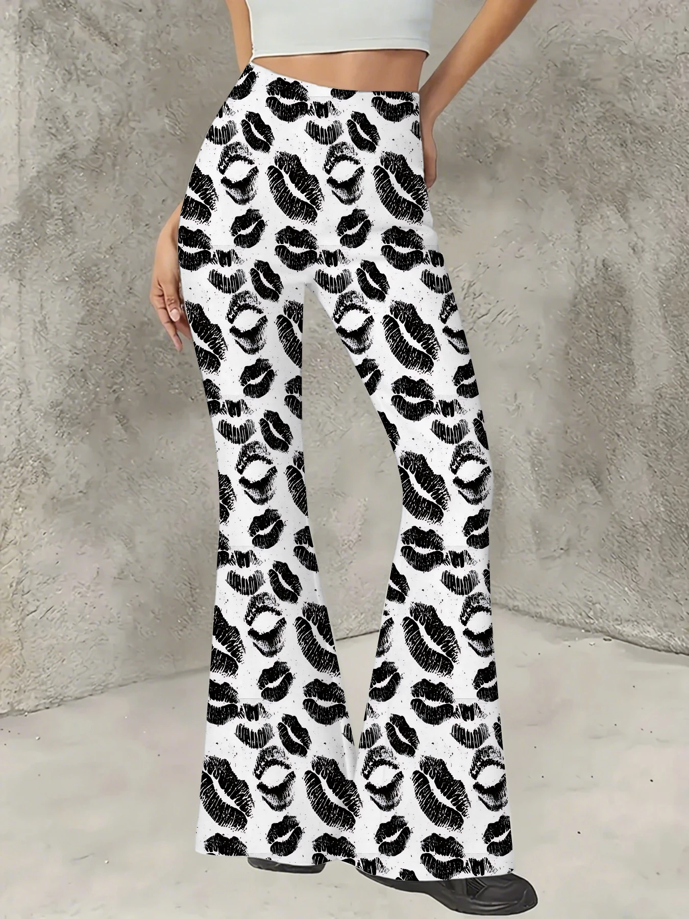 

Korean Style Printed Flare Pants Women High Waist Slim Fit Bell Bottom Leggings