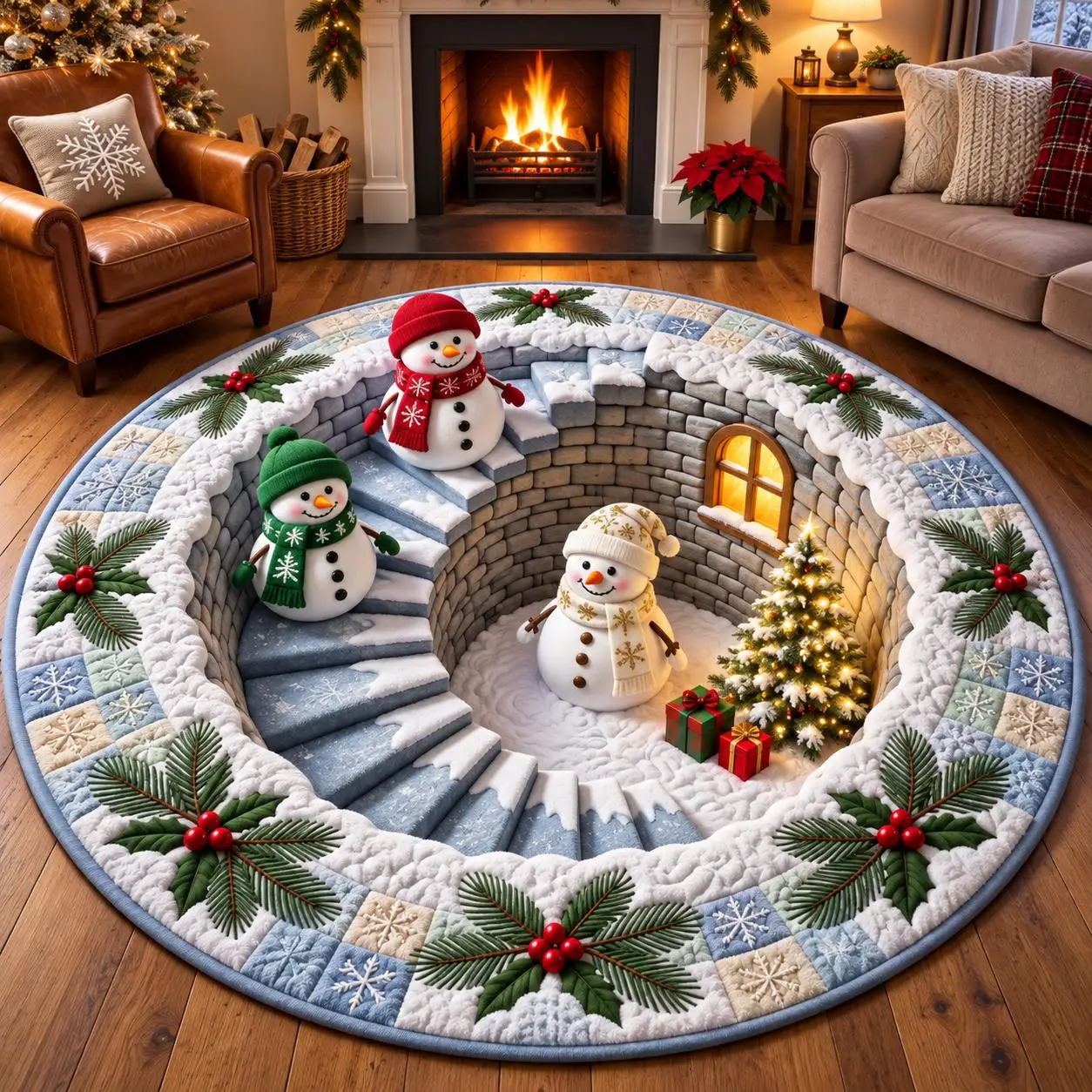 Bedroom 3D Snowman Winter Brick Well Area Rug Festive Circle Rug Non Slip Living Room Entryway Comfortable Home Floor Mat