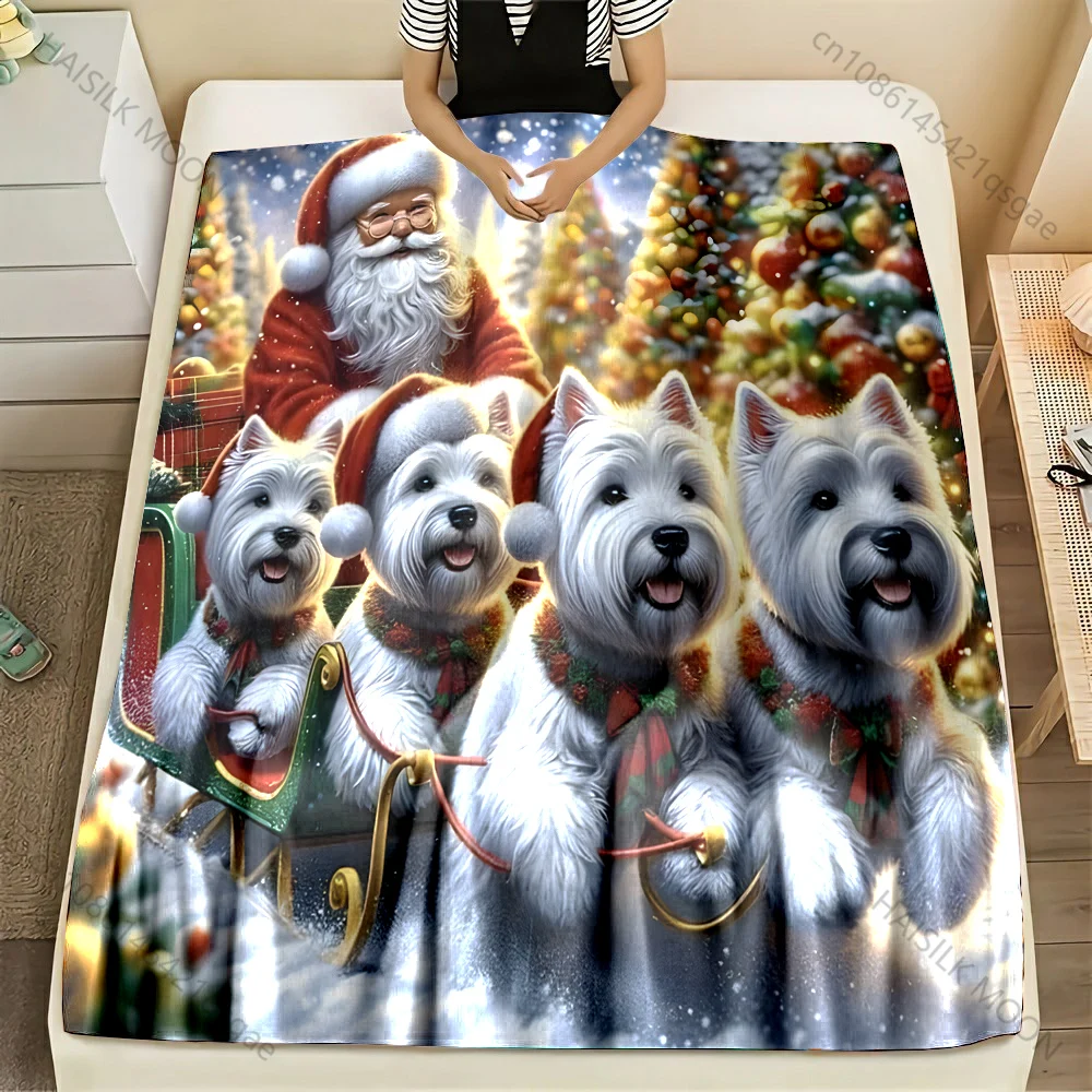 1PC Dogs pulling Christmas sleigh pattern Blanket Flannel Material Soft Warm for All Seasons,For Home Outdoor Camping Picnics RV