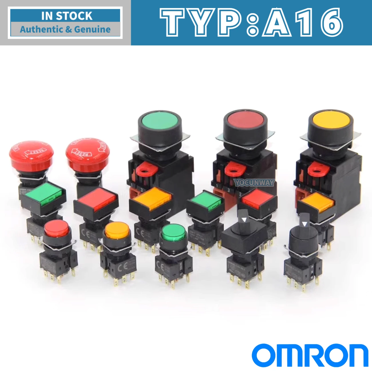 New Authentic Original OMRON Rectangular Pushbutton Switch A16 Green Red Yellow White Not Light Reset A16-JGM-2 RYW 1