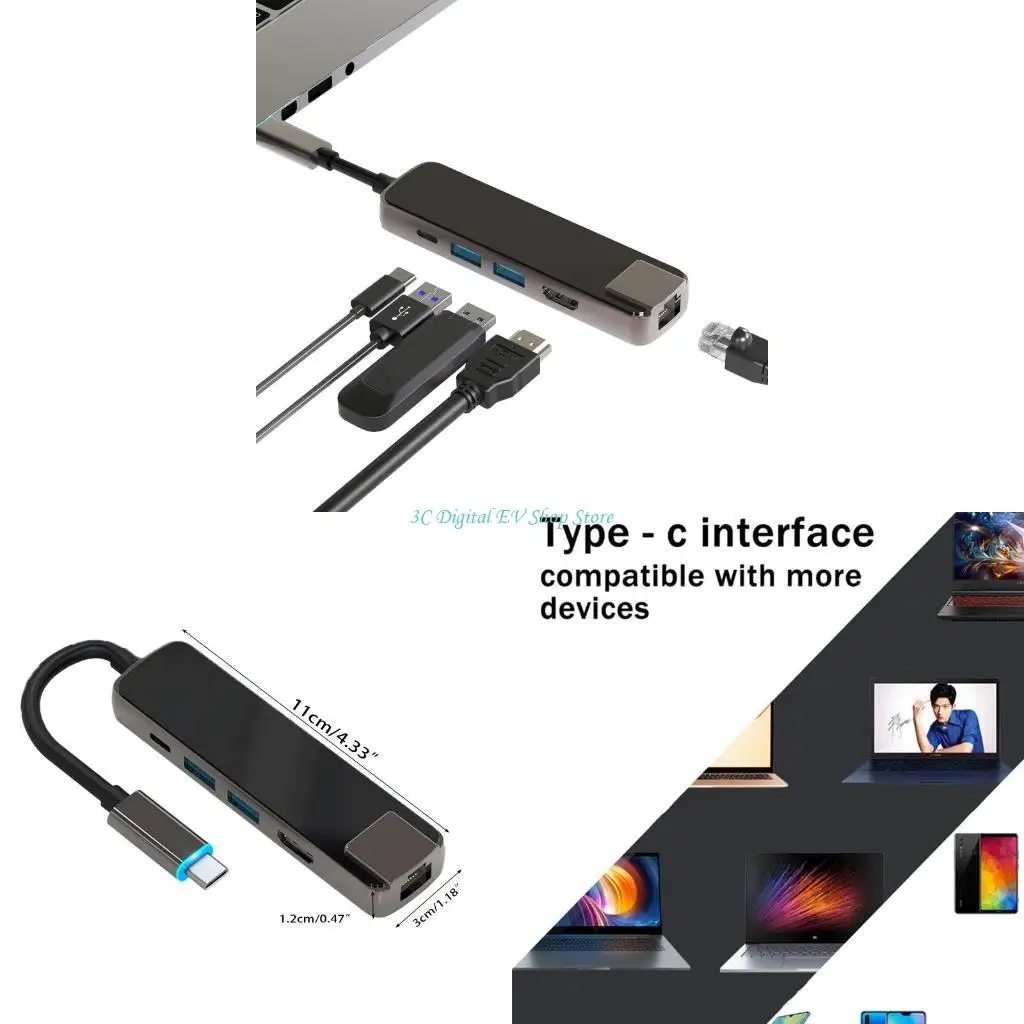 E74D 5-port USB HUB Hub Multiport Adapter 3840X2160P/30HZ for Travel