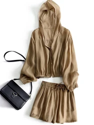 2024 Summer Two Piece Set Women Sunscreen Jacket Oversized Hooded Coat High Waist Short Sets