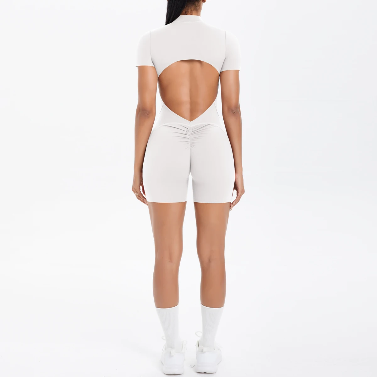 Ausgehöhlter, rückenfreier, kurzärmliger Reißverschluss-Overall für Damen, Overall, Yoga-Anzug, einteilige Legging, kurze Push-Up-Gymnastik-Yoga-Kleidung – Detail 4