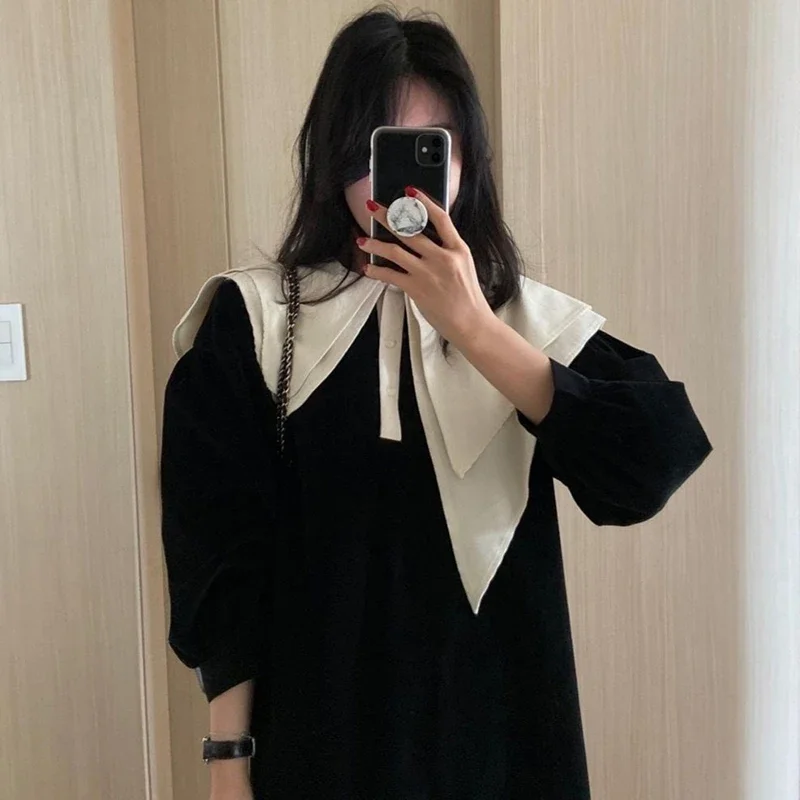 Korejpaa Vintage Women Dress Autumn Irregular Turn-down Collar Lantern Sleeve Contrast Color Loose Solid Dresses Elegant New