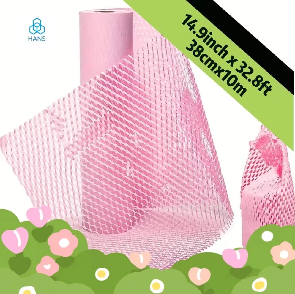 

Hans，Pink Honeycomb Packing Paper Eco-friendly Cushioning Wrap Roll For Moving/Shipping Biodegradable Recyclable Kraft Paper