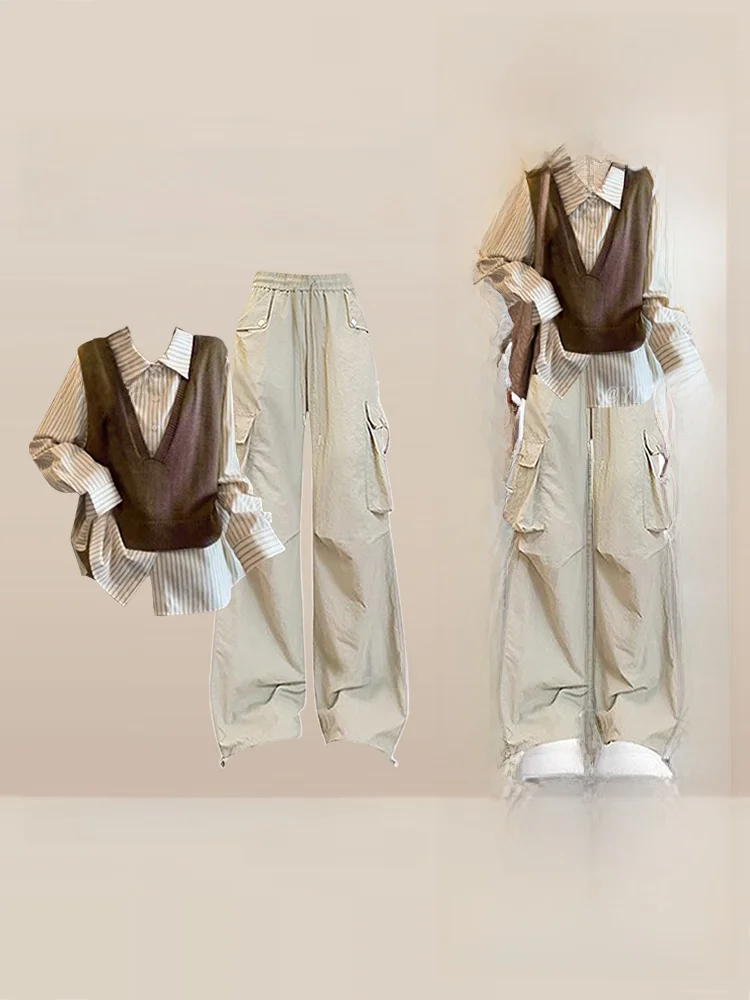 

Trendy Workwear Sle Women's Faion Set High Waist Wide Leg Pants irt Vest Autumn Winter Seasonal Striped Pattern Tee P...