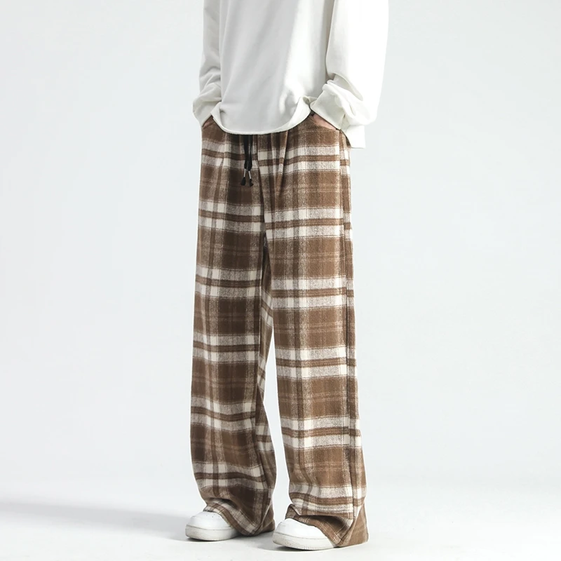 Vintage Color Plaid Pants Men\'s Loose Wide Leg Pants Autumn New Lazy Wind Straight-leg Leisure Trousers Male Jogger Sweatpant
