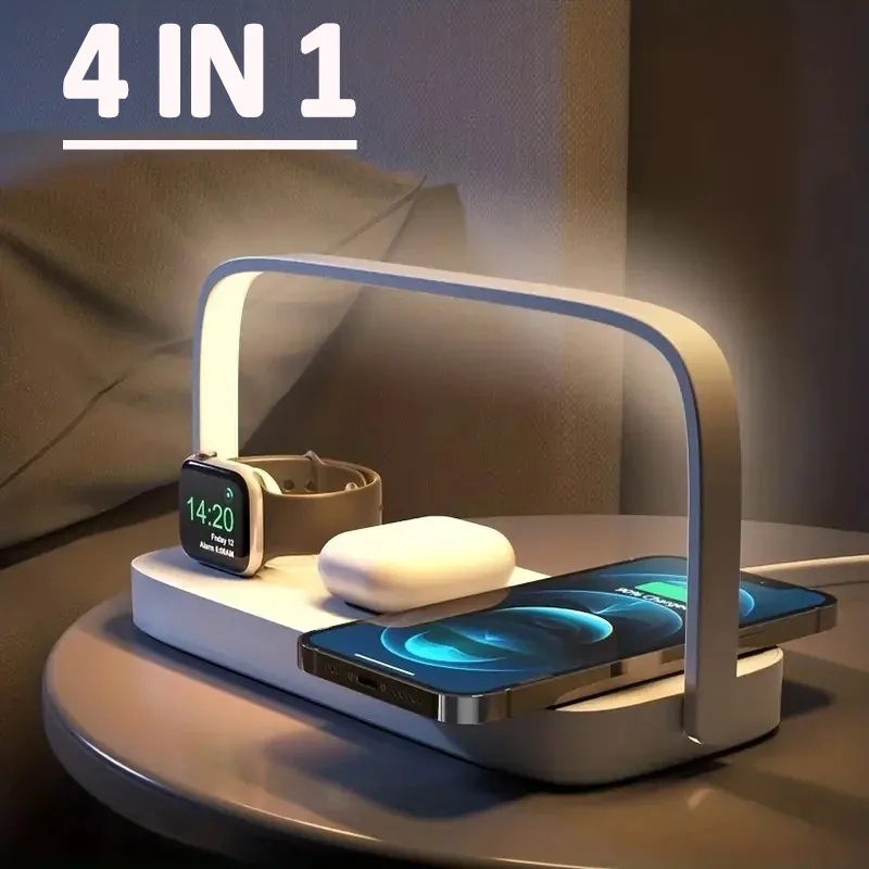 Fast Wireless Charger Stand 4 In 1 Multi-Function Led Night Lamp Phone Charging Station Dock for iPhone 15 14 13 IWatch Airpods