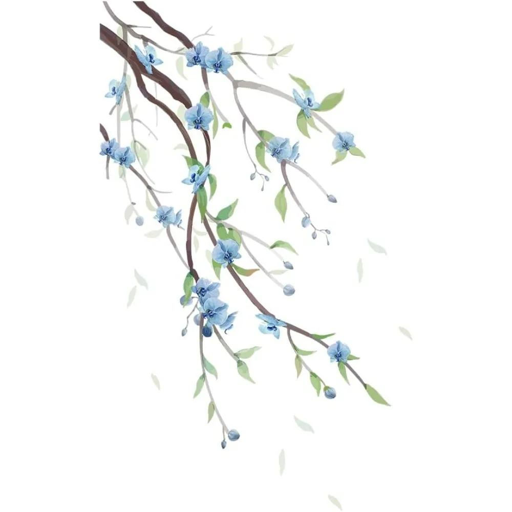 Hanging Branches Wall Decals Blue Flowers Wall Stickers Watercolor Plant Vinyl Decor for Baby Kids Bedroom Classroom Bedroom