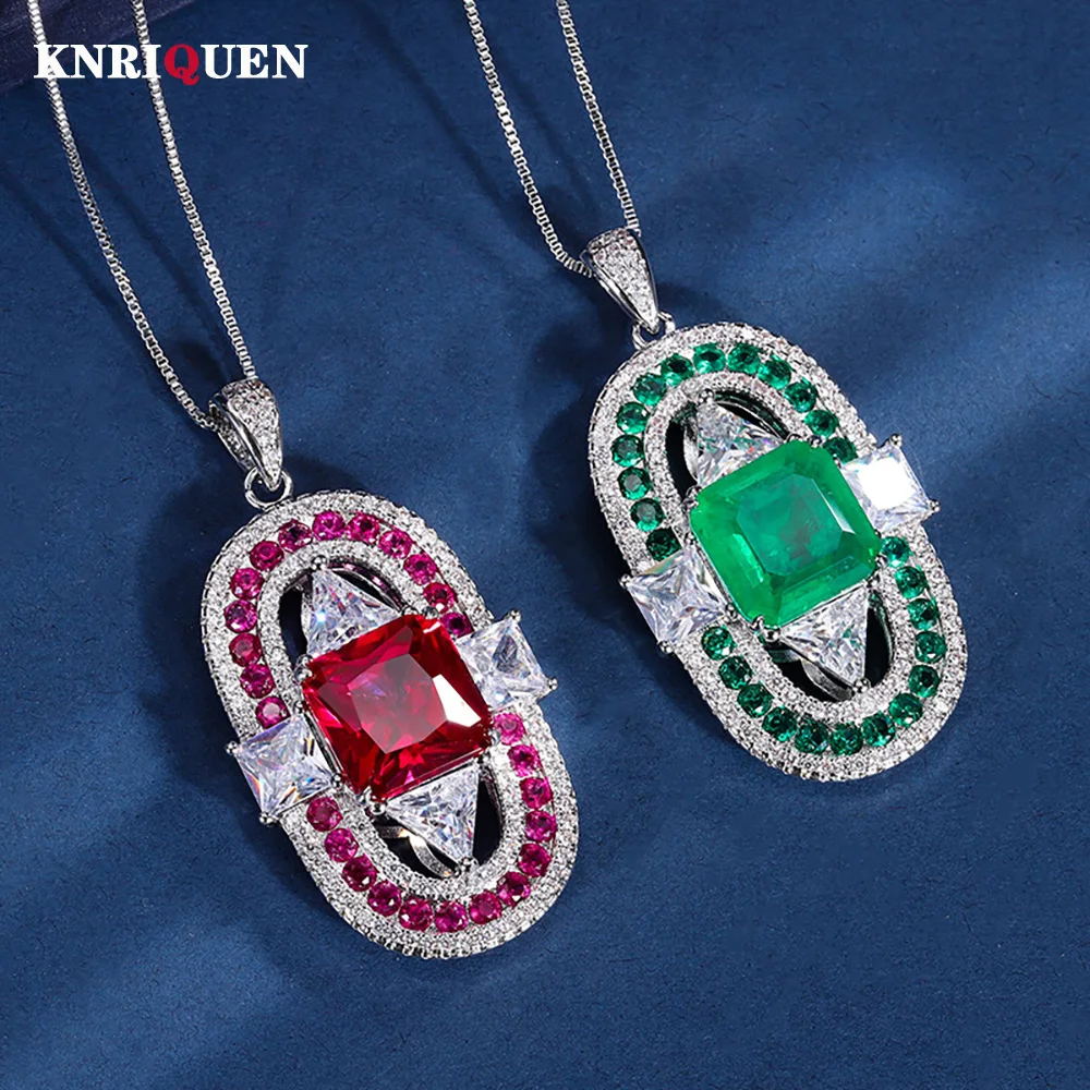 

Vintage 12*12mm Created Emerald Ruby Pendant Necklace for Women Lab Diamond Cocktail Party Fine Jewelry Accessories Female Gifts