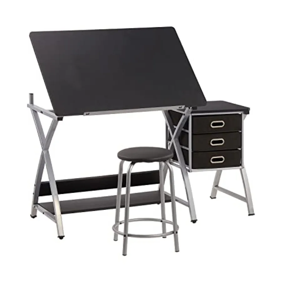 Adjustable Drafting Table for Artists with Stool Sturdy X-Cross Metal Frame Drawing Table with Storage Drawers Art Desk with Ti