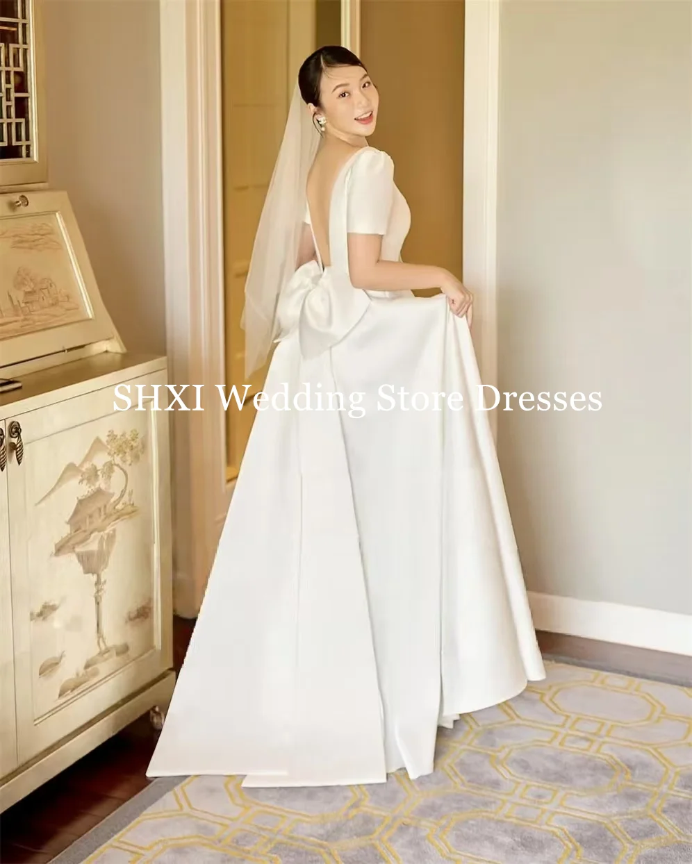 Shxi simples mangas curtas coreia vestidos de casamento colher cetim longo vestido de recepção aberto v voltar vestido de noiva fotos sessão personalizado