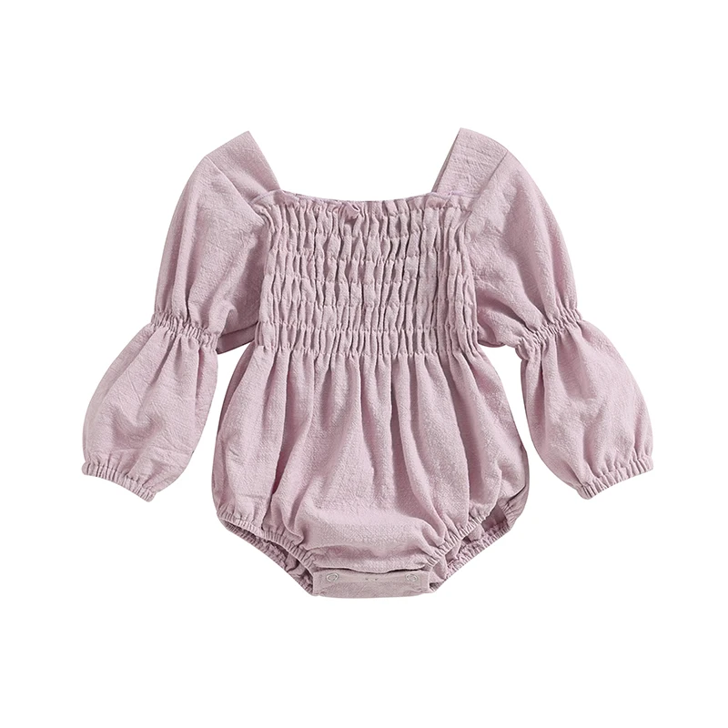 

Baby Girl Fall Romper Long Puff Sleeve Solid Color Smocked Bodysuit Newborn Playsuit