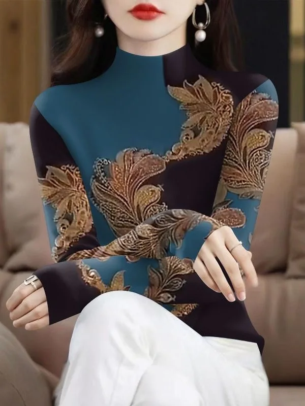 

Утепленная флисовая кофта с длинным рукавом и принтом, с воротником-стойкой, для женщин больших размеров, утягивающий топ в повседневном стиле, полиэстер