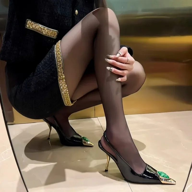 

Fashion Metal Pointed Bright Shallow Mouth Set A Line Buckle Anti-slip Wear-resistant Sandals New Stiletto Heels