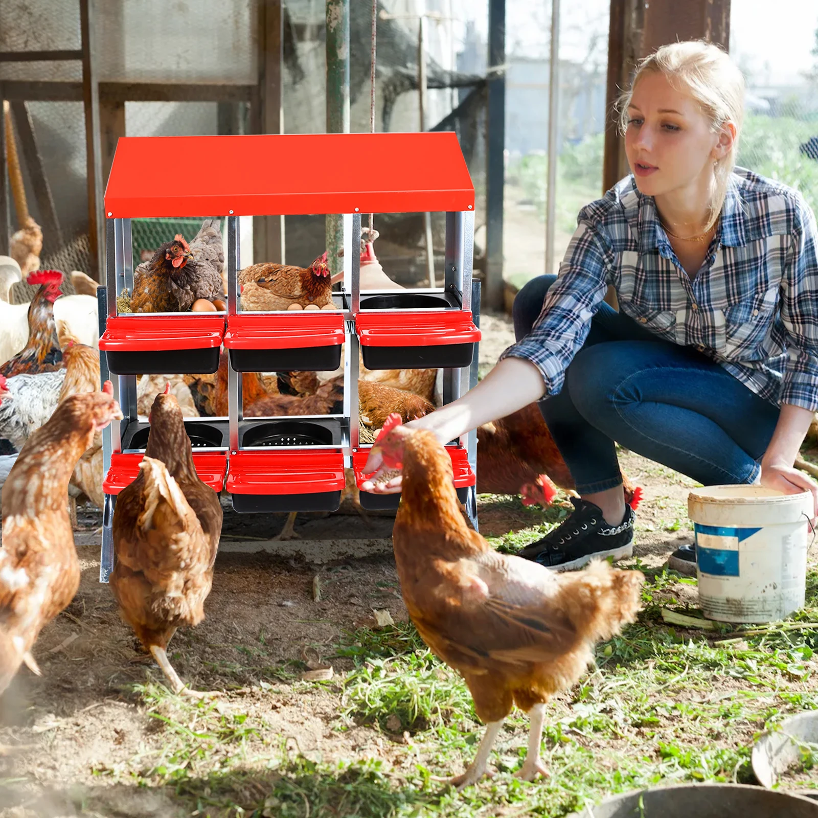 Nesting Boxes for Chickens, Chicken Coops for 6 Chickens Laying Eggs, 6 Compartments Chickens Egg Laying Nest Boxes, Galvanized Steel 6 Holes Chicken Cage for Hens