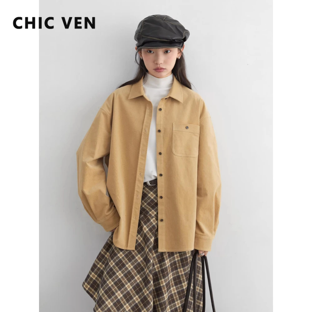 เสื้อเชิ้ตผู้หญิง CHIC VEN รุ่นใหม่ กระดุมแถวเดียว สไตล์เรโทร ทรงหลวม สบายๆ ผ้าลูกฟูก แขนยาว เสื้อผู้หญิง สำหรับฤดูใบไม้ผลิ ฤดูใบไม้ร่วง ปี 2025