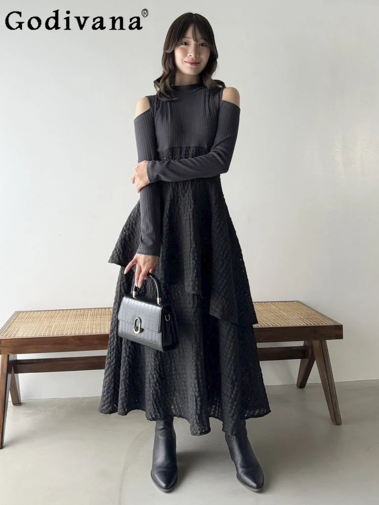 

Japanese Sweet Fashion Versatile Knit Long Sleeve Dress Spring Autumn New 2025 Women's Slim Fit Elegant Off-Shoulder Long Dress