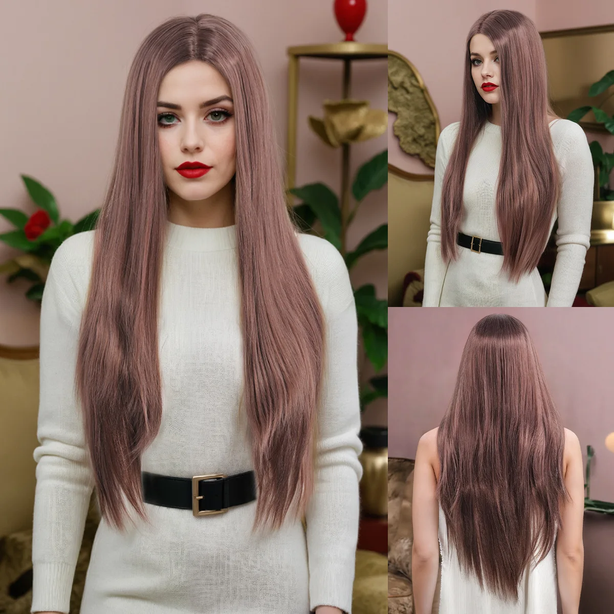 European and American wig fashionable women's pink brown wig full head cover long hair pink wig-Synthetic fiber wig
