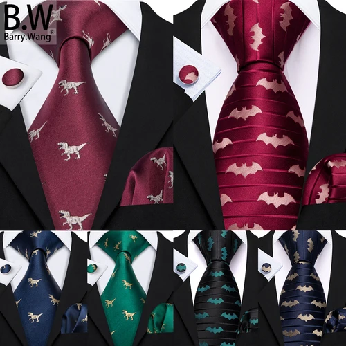 Barry.Wang novedad seda hombres corbata pañuelo gemelos conjunto Jacquard Animal dinosaurio murciélago Gravat corbata para hombre boda negocios