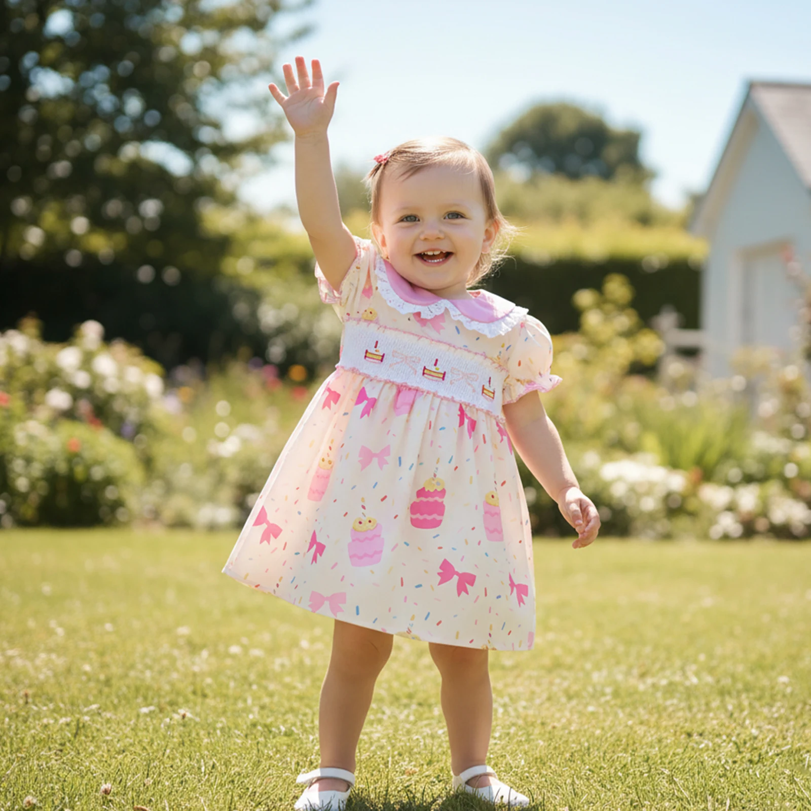 Baby Girl Summer Sweety Birthday Dress Short Sleeve Doll Collar Cake Embroidery A-Line Dress Toddler Girls Birthday Gifts