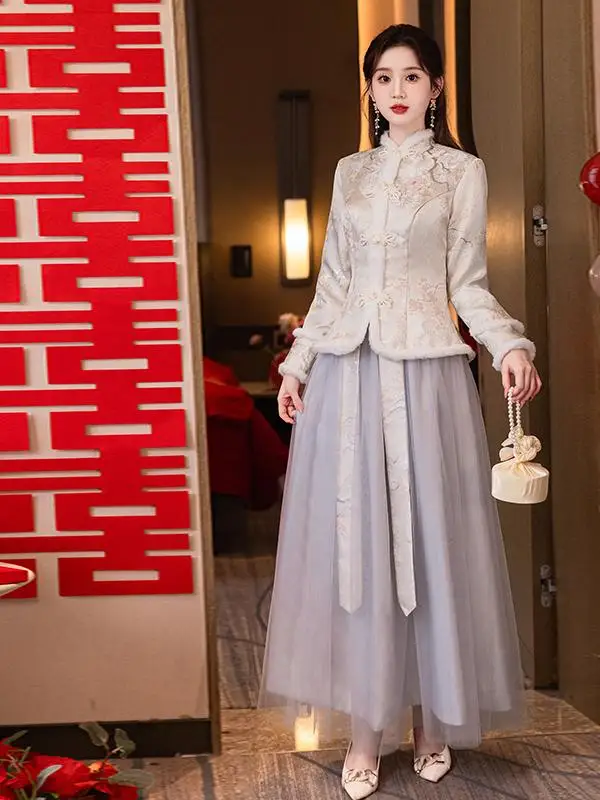 

Китайское свадебное платье Dr. Thi Warm Long Sleeve в винтажном стиле с А-образной юбкой, зимняя коллекция