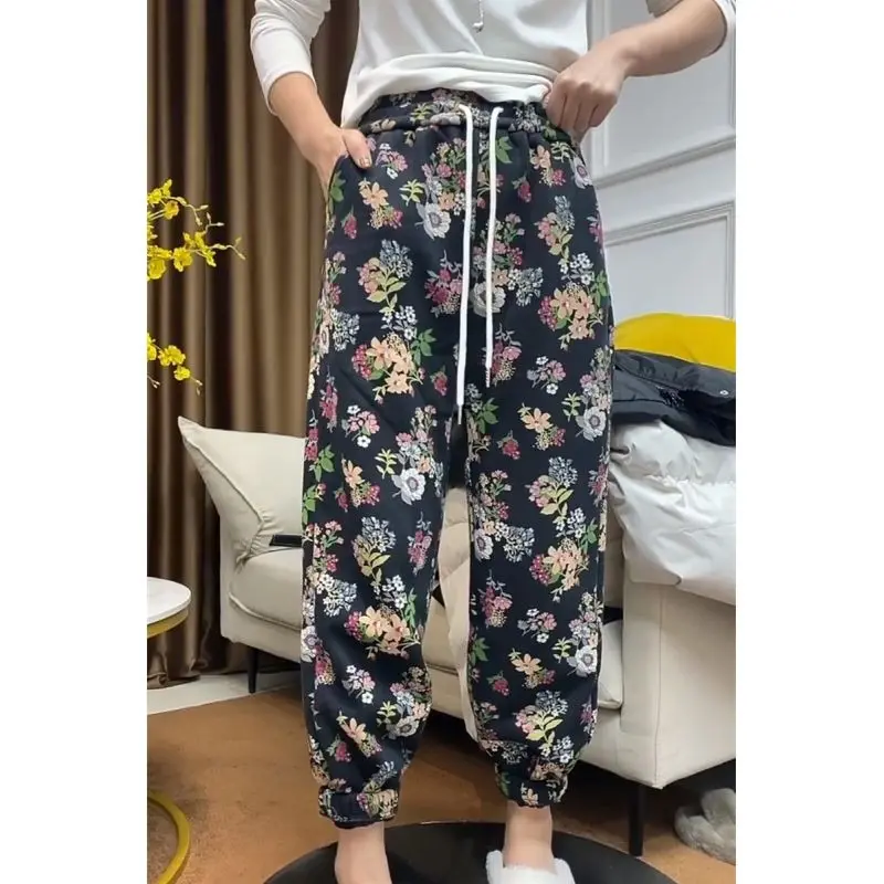 Floral Loose Plush Thicken Drawstring Leisure Mori Girl Style Ankle Length Pants Retro Middle Aged Elderly Pure Cotton Black