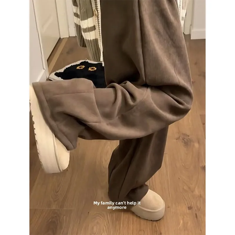 Pantaloni casual foderati in Fce a vita alta Pantaloni a gamba larga da donna Autunno Inverno Allentati Confortevoli Caldi Taglia piccola Drappeggiati Dritti L...