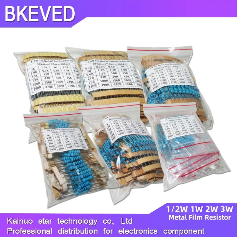 30 Werte, jeweils 5/10 Stück, 1–750, 1 K–820 K Ohm, 150 Stück, 300 Stück, 1/2 W, 1 W, 2 W, 3 W, Widerstand, 1 % Metallfilm-Widerstands-Sortiment-Set