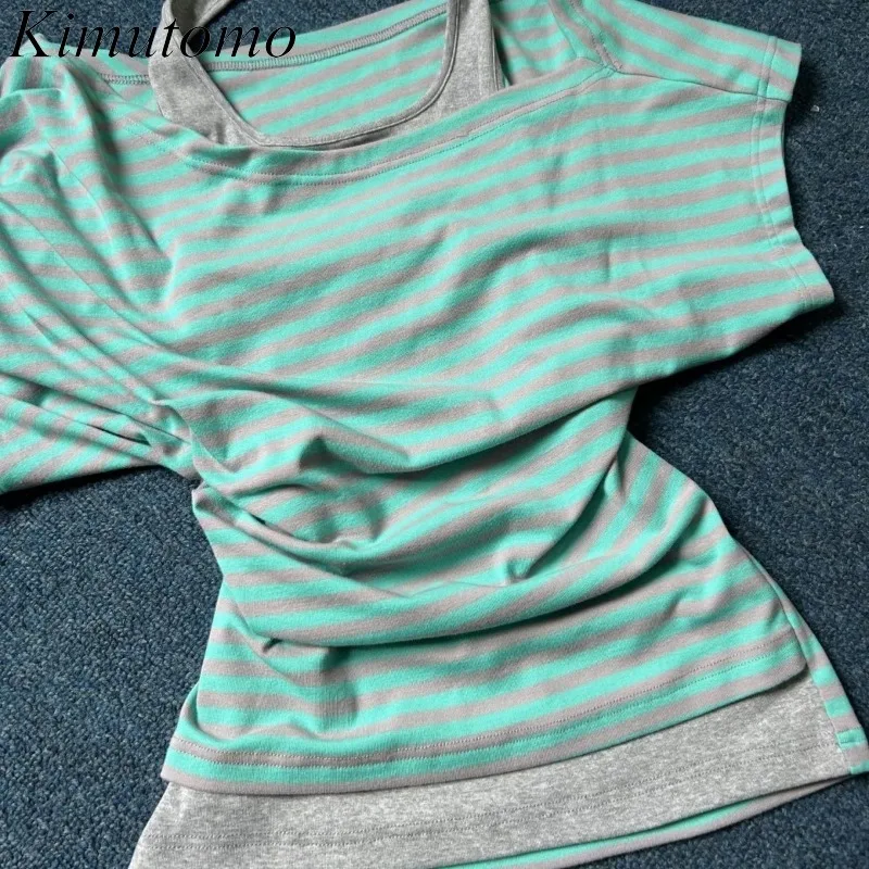 Kimutomo Women T Shirts Striped Printed Patchwork Off Shoulder Y2k Aesthetic Harajuku Tops Vintage Grunge Gothic Tee Shirt view 5