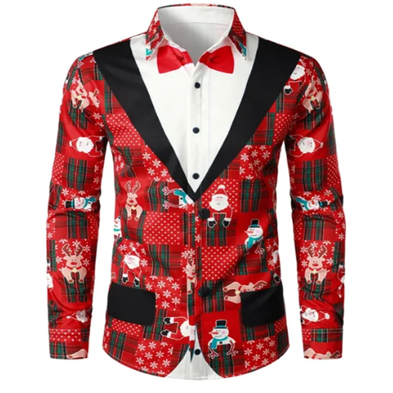 Christmas suit lapel long sleeve shirt daily outing Christmas party men\'s shirt casual fashion men\'s wear comfortable and soft