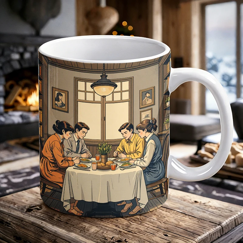 

11 oz family dinner handled ceramic mug, full-print pattern coffee cup, insulated milk cup, office water cup, fade-resistant