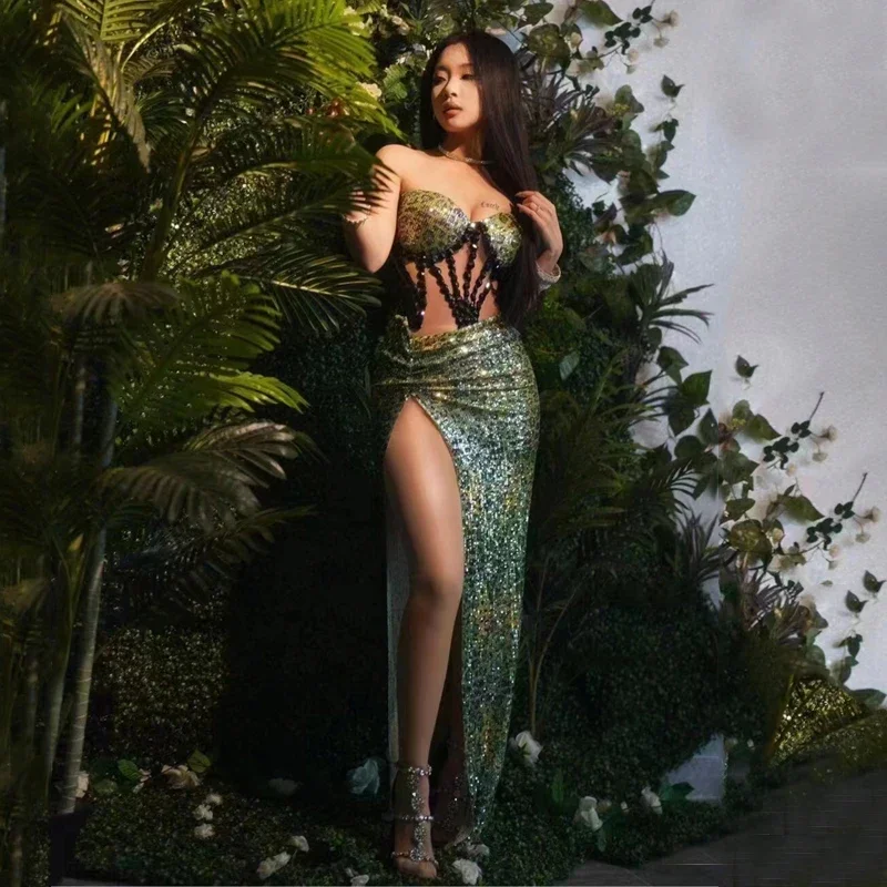 Sukienka z błyszczącymi czarnymi cyrkoniami, seksowna sukienka z zielonymi cekinami w panterkę, damska sukienka wieczorowa na bal, strój festiwalowy, kostium Gogo XS6014