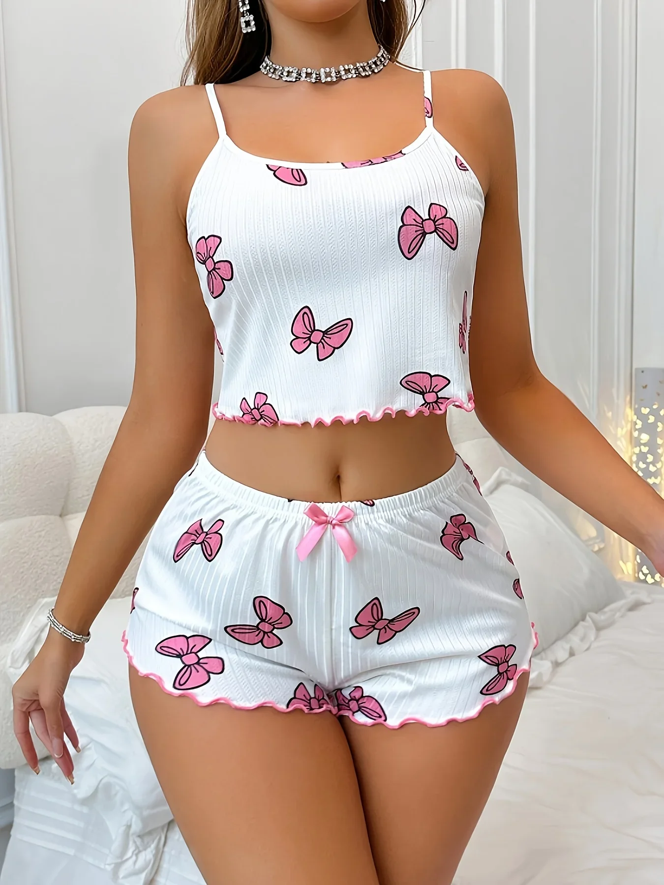 

Women Summer Casual Two-Piece Pajama Set Bowknot Print Round Neck Camisole and Shorts Set Home Clothes Loungewear