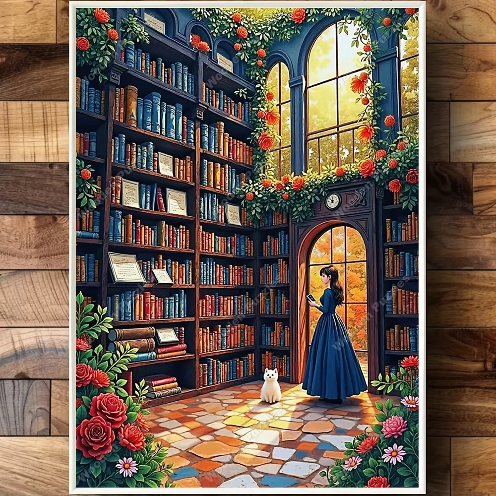 2000/1500/1000/500 قطعة ألغاز خشبية للبالغين - مشهد مكتبة نابض بالحياة مع الكتب والنباتات والنوافذ المضاءة بأشعة الشمس - مثالية للمنزل O