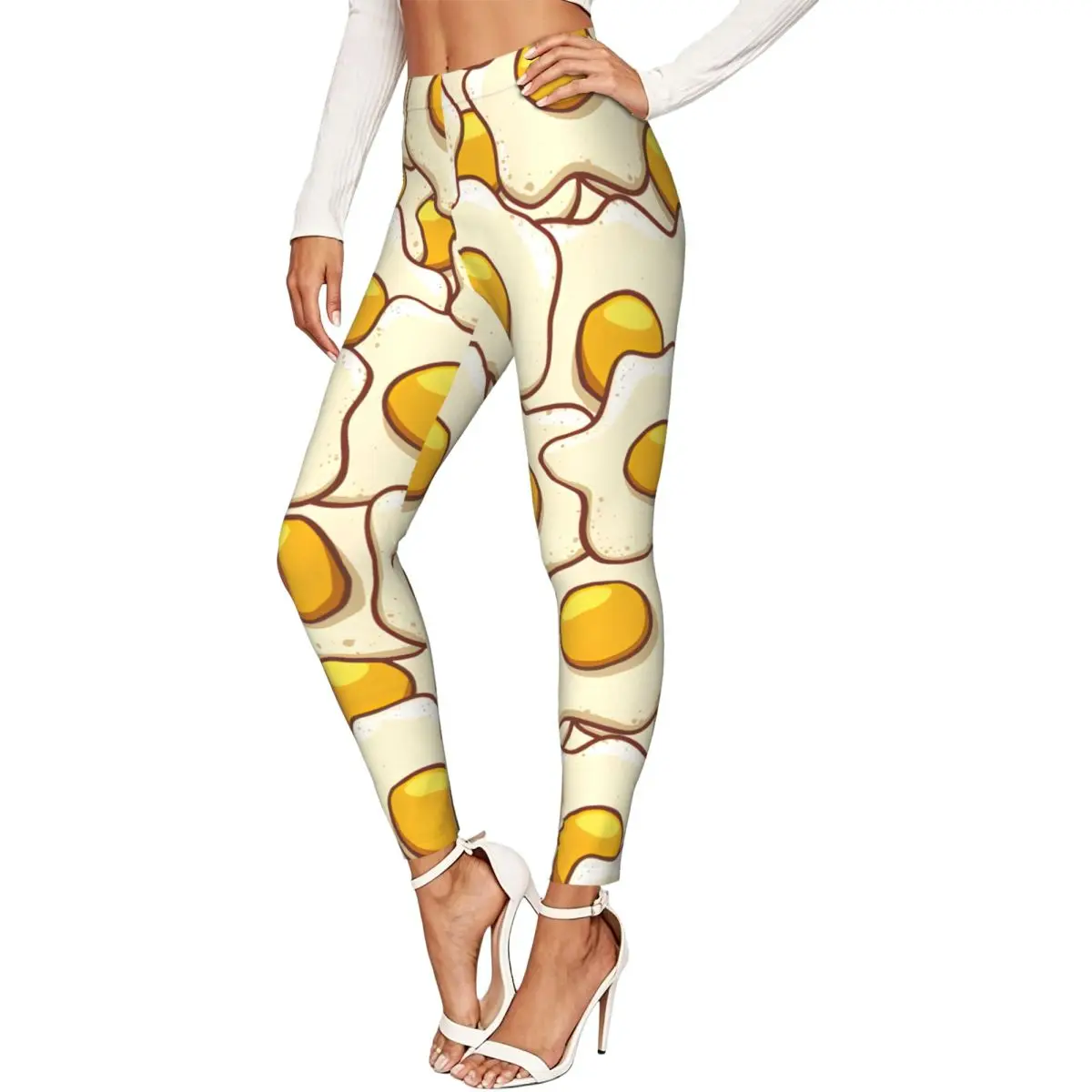 Women High Waist Elastic Leggings Hand Drawn Fried Eggs Pattern Slim Fit Stretchy Pants Casual Wear