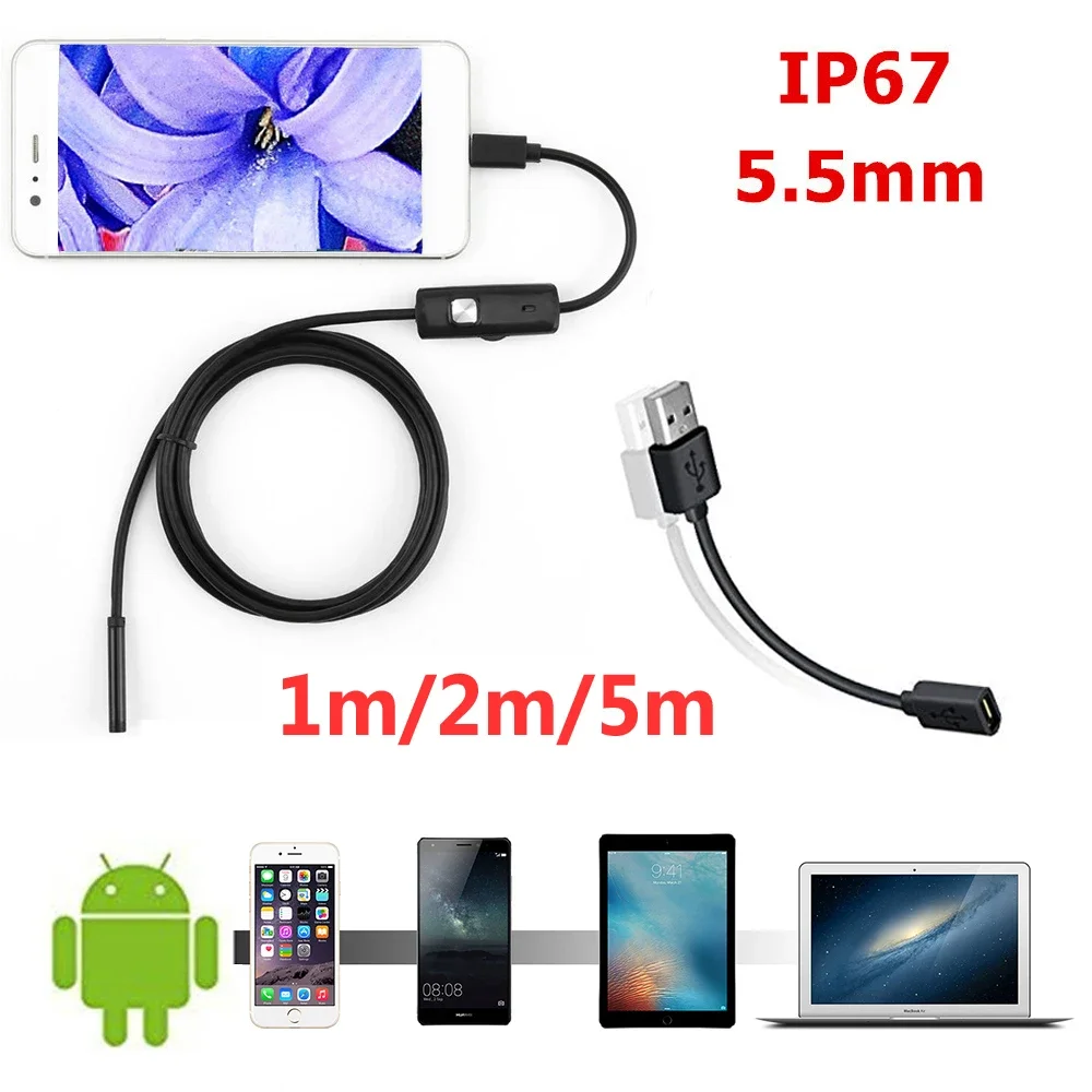 1m 1.5m 2m Endoscope Camera HD USB Endoscope with 6 LED  Soft Cable Waterproof Inspection Borescope for Android PC